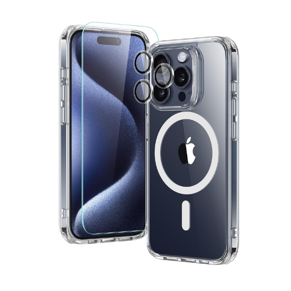 Pack 3en1 iPhone 16 Pro Max Coque Transparente MagSafe + Film de Protection 3D + lens de camera(noir ou argent)