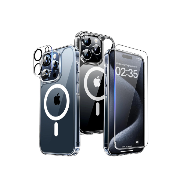 Pack 3en1 iPhone 16 Pro Max Coque Transparente MagSafe + Film de Protection 3D + lens de camera(noir ou argent)