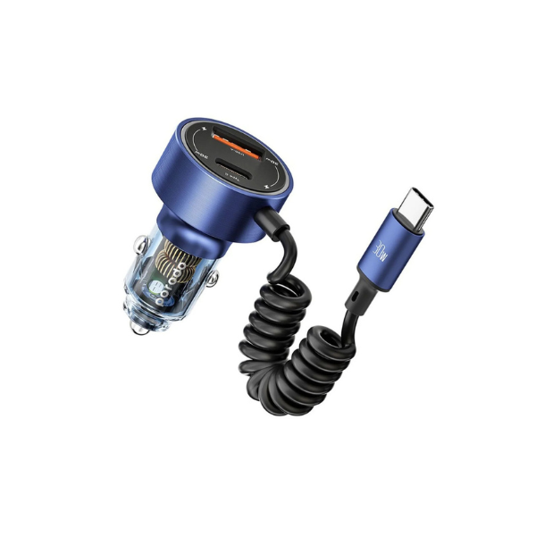 Chargeur Voiture Porodo 60 W – PD 30 W + QC 18 W, Double Port Transparent avec Câble Type‑C Intégré