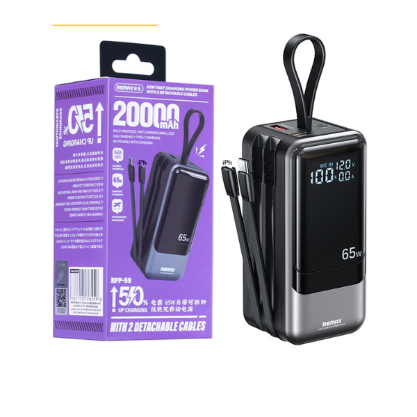 Batterie Externe REMAX 20000mAh 65W – Charge Rapide, Double Port USB, Design Compact et Élégant