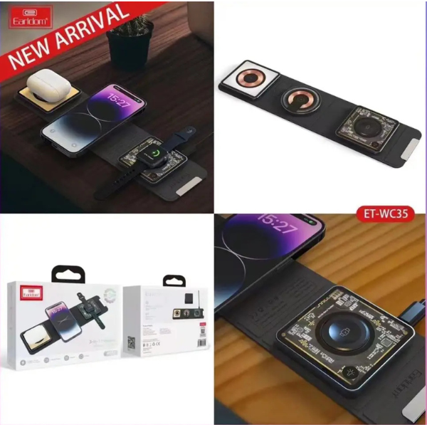 Station de Charge Sans Fil Magnétique 3 en 1 – Earldom WC35 | Charge Rapide 15W MagSafe pour iPhone, Apple Watch et AirPods