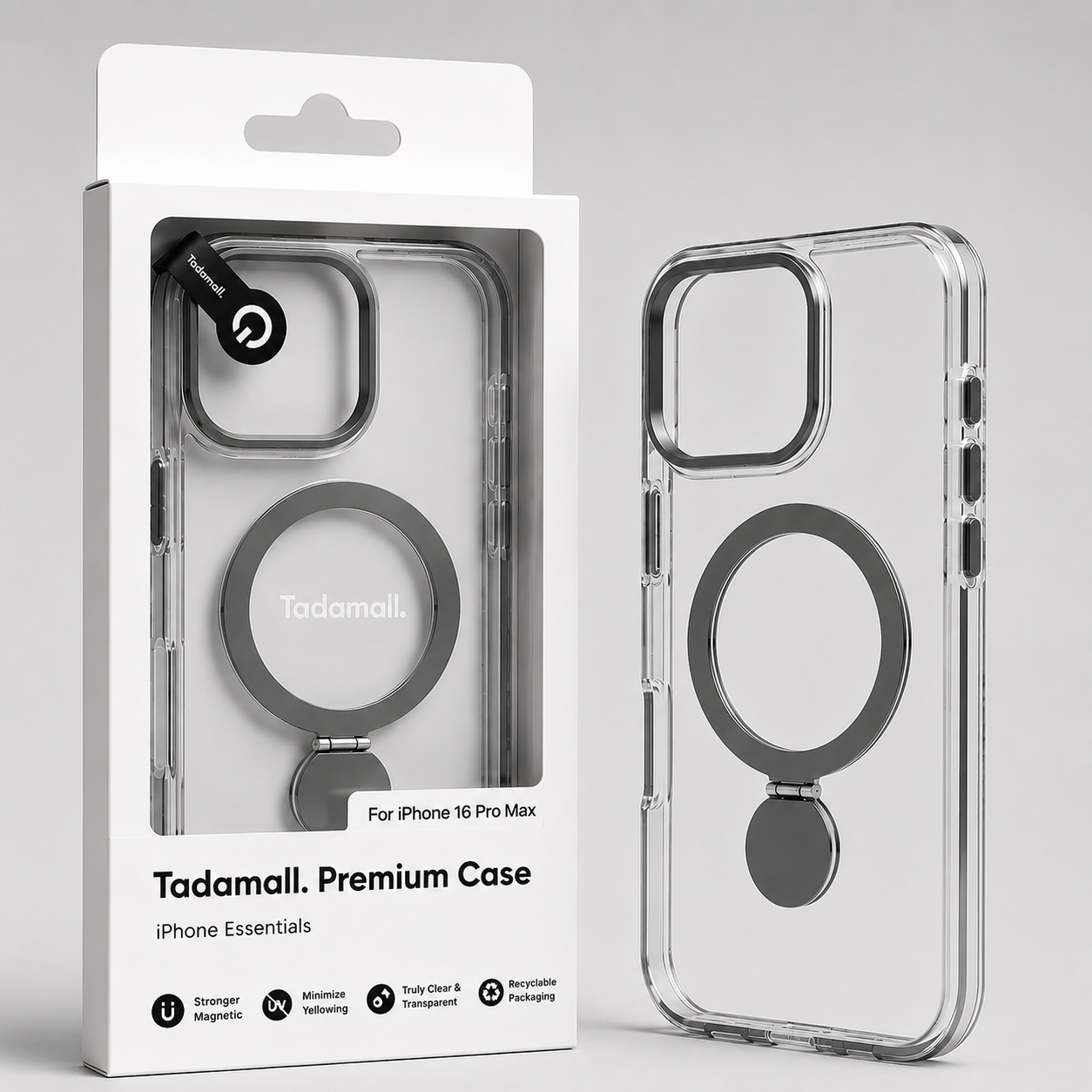 Coque TADMALL Premium MagSafe avec Anneau Rotatif 360° – Transparente Antichoc pour iPhone