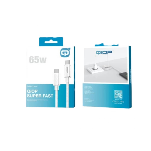 Câble QIOP USB-C vers USB-C 65W – Charge Rapide, Ultra-Puissant, Fiable et Élégant (Blanc)