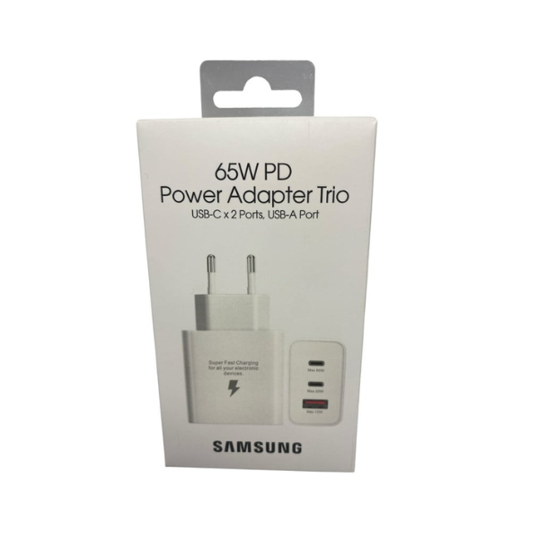 Chargeur Secteur Samsung 65 W Trio – 2 × USB‑C + 1 × USB‑A, Charge Ultra‑Rapide & Multi‑Appareils _