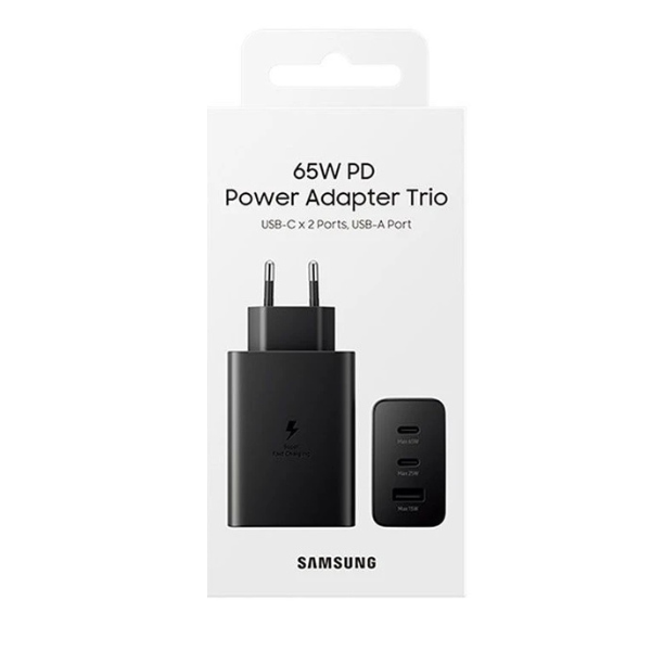 Chargeur Secteur Samsung 65 W Trio – 2 × USB‑C + 1 × USB‑A, Charge Ultra‑Rapide & Multi‑Appareils _