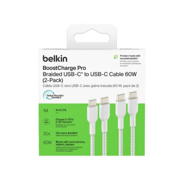 Câble Belkin BoostCharge Tressé USB-C vers USB-C 60W – 1 mètre, Lot de 2, Blanc – Charge Rapide et Durable