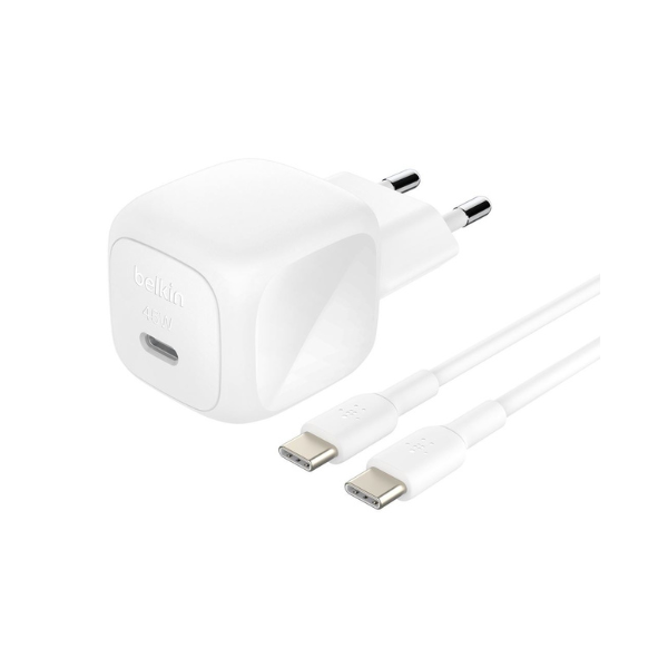Chargeur Secteur Belkin BoostCharge USB-C 45W – Charge Rapide Power Delivery Sécurisée pour Smartphone et Tablette (Blanc)