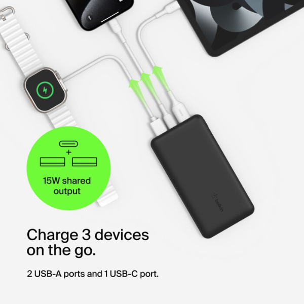 Batterie Externe Belkin Boost Charge 10 000 mAh – 3 Ports (2× USB-A + 1× USB-C) avec Câble, Charge Rapide 15W