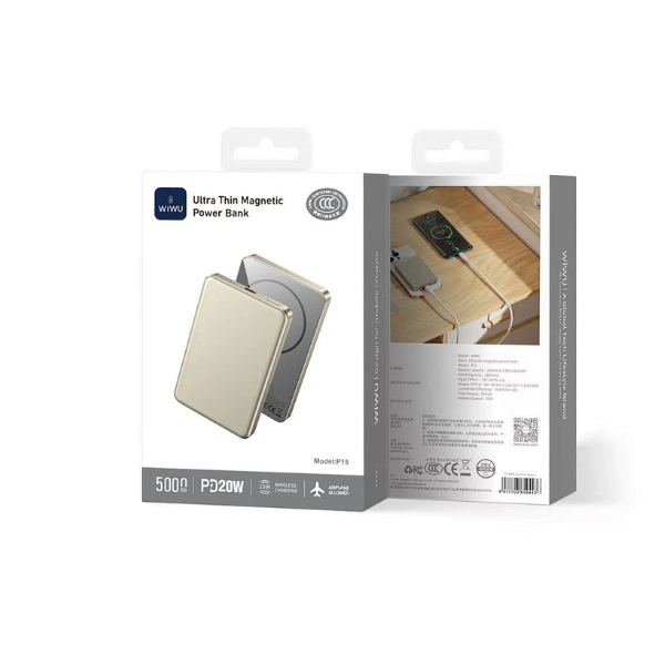 Power Bank P15 5000mAh WiWU Ultra Thin Magnetic – Batterie Externe Magnétique Ultra Fine avec Charge Rapide Sans Fil & USB-C