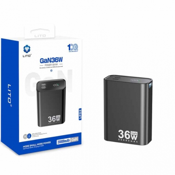 LITO LP02 – Ultra-Compact 20,000 mAh GaN Power Bank, 36 W Fast Charging (USB-C + USB-A)