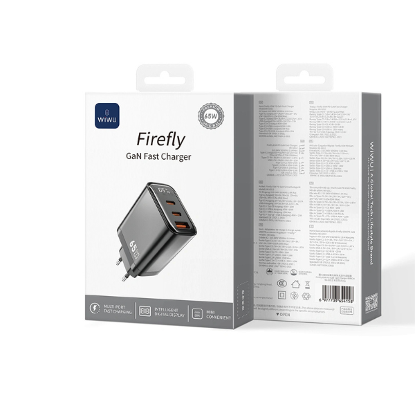 Chargeur WiWU Firefly Wi-G012 65W GaN – Charge Rapide PD, 3 Ports USB-C/USB, Écran Digital, Adaptateur Secteur pour Smartphone & Laptop