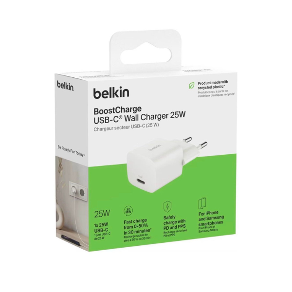 Belkin Chargeur Secteur USB-C 25W BOOST Charge – Charge Rapide Certifiée, Compact et Sécurisé (Blanc)