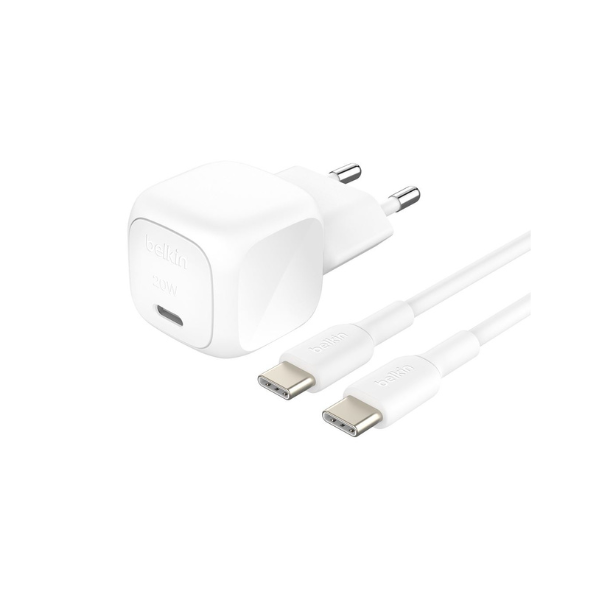 Chargeur Belkin Secteur USB-C BoostCharge 20 W Blanc + Câble USB-C vers USB-C 1 m – Charge Rapide et Sécurisée