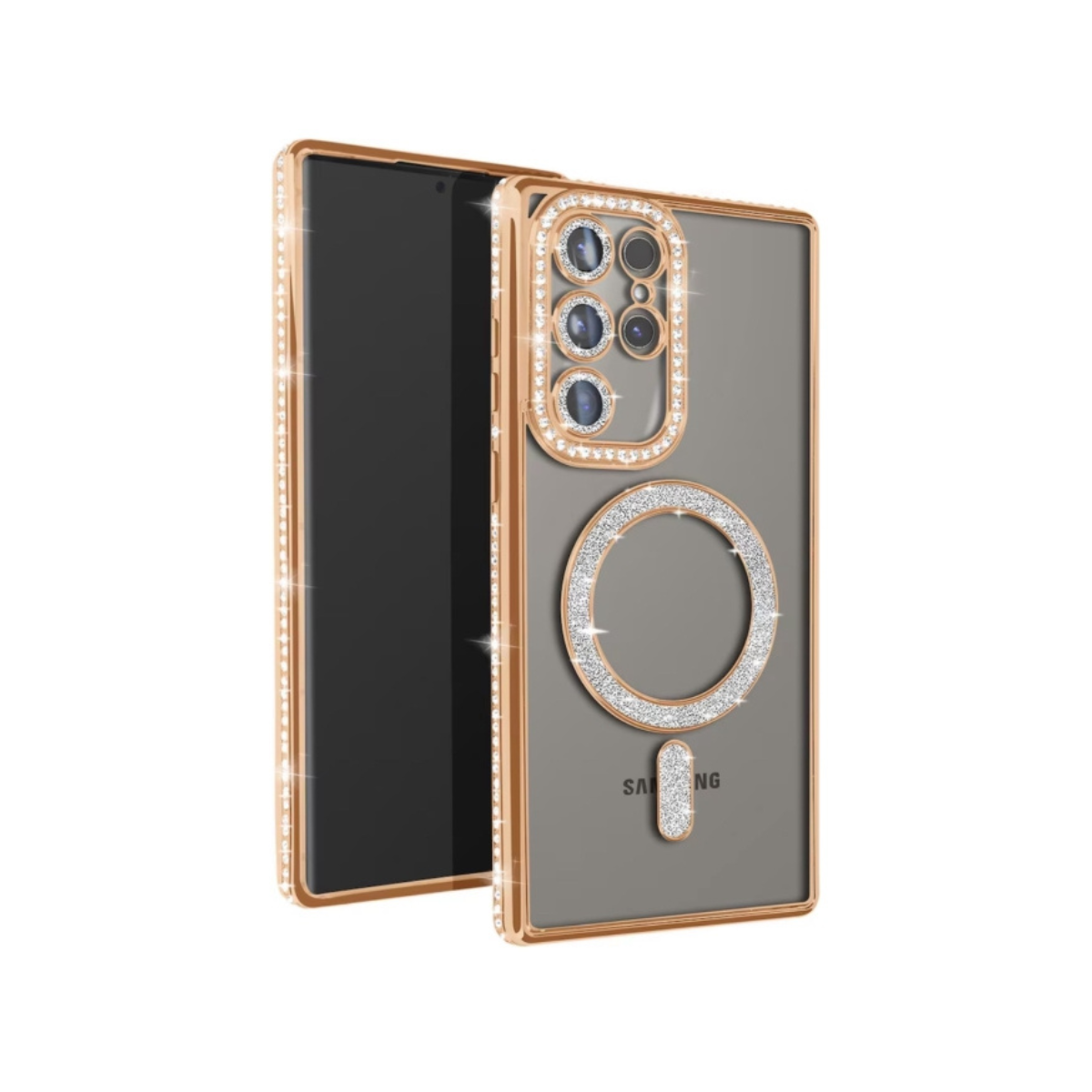 Coque Transparente Strass Pour Samsung S25 Ultra – Bord Électroplaqué & Anneau Rotatif 360° – Protection Écran/Camera