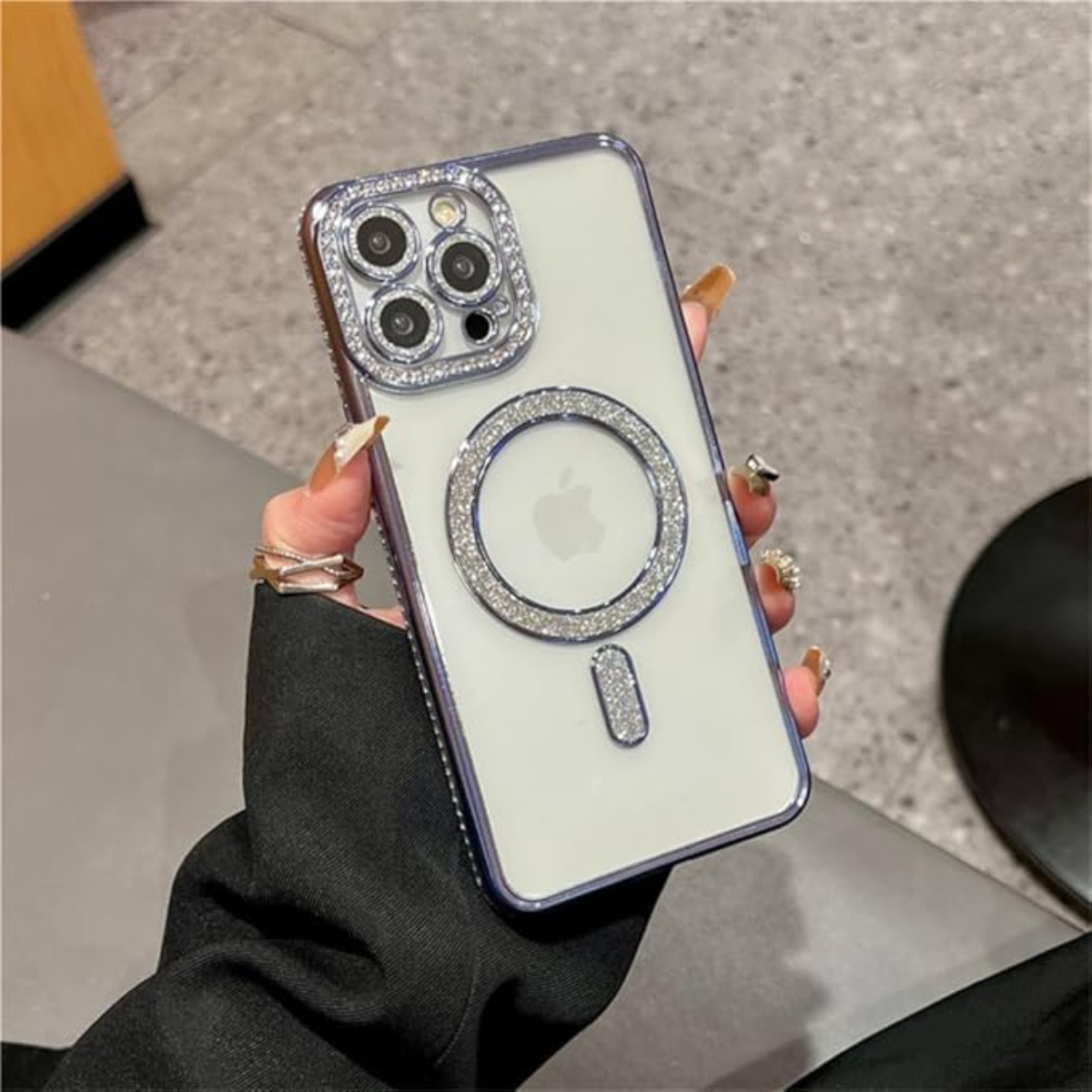 Coque Transparente Strass – Bord Électroplaqué & Anneau Rotatif 360° – Protection Écran/Camera