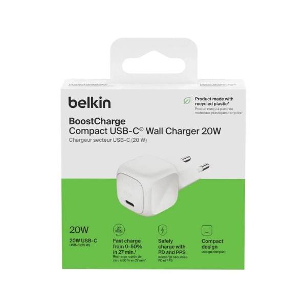 Chargeur Belkin USB-C compact 20W BoostCharge – charge rapide & sécurité