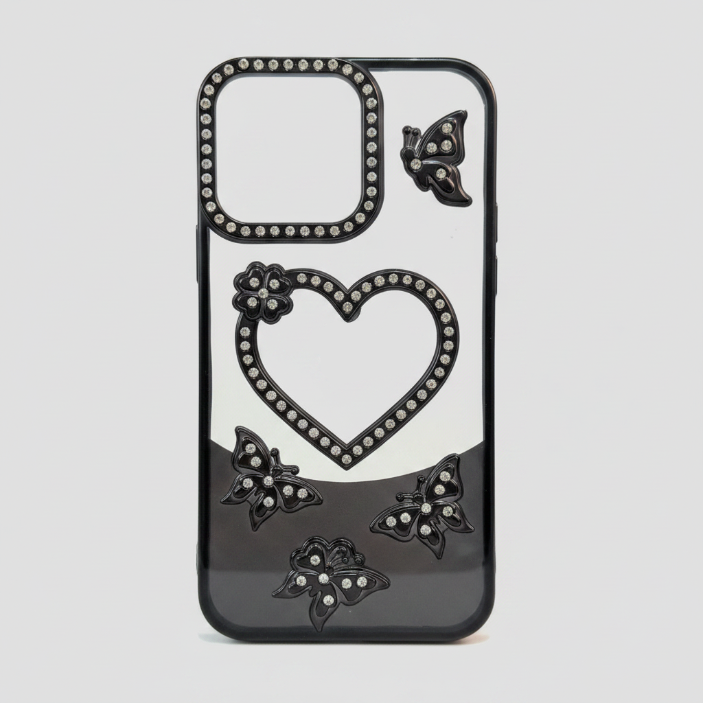 Coque Premium Strass Papillons & Cœur – Protection Élégante pour iPhone