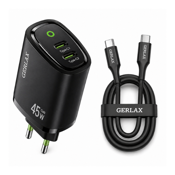 Gerlax 45W GaN Fast Charger – USB-C PD 3.0 + USB-A QC 3.0, PPS, Compact Design
