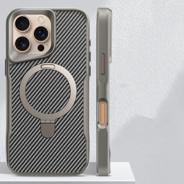 Coque Magnétique Armure en Fibre de Carbone avec Support Métallique – Compatible iPhone MagSafe