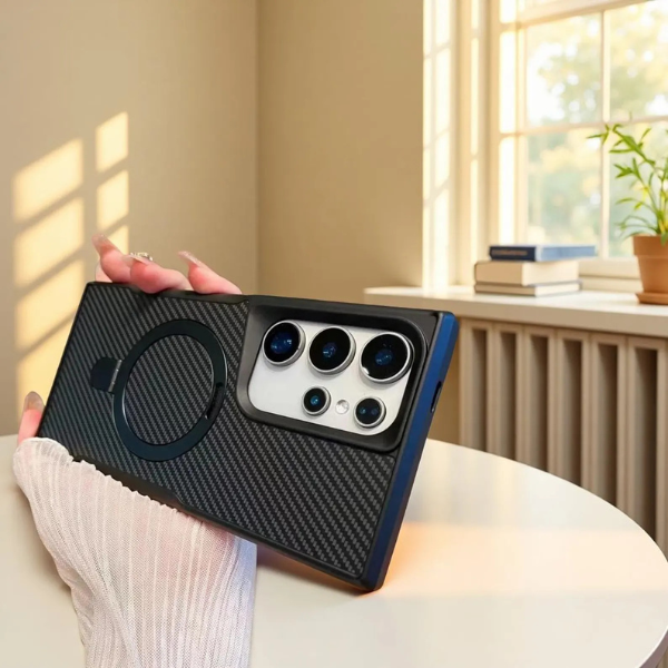 Coque Magnétique Armure en Fibre de Carbone avec Support Métallique – Compatible Samsung Galaxy