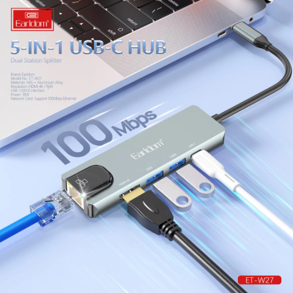Hub USB-C 5-en-1 Earldom ET-W27 avec HDMI 4K, Ethernet & Charge Rapide
