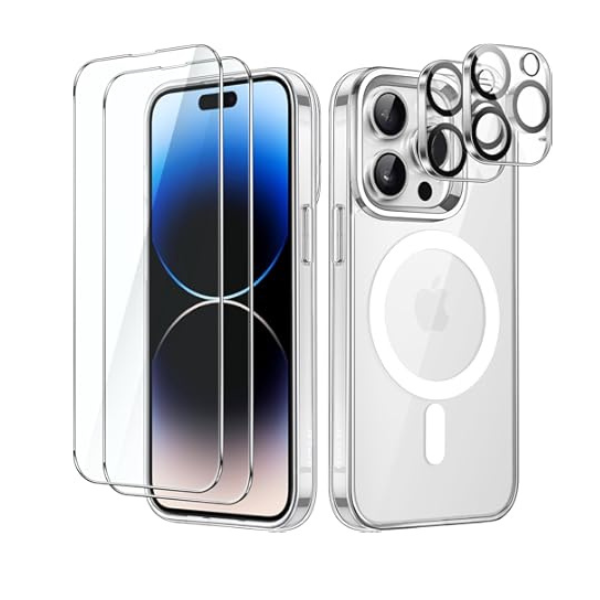 Pack 3en1 iPhone 15 Pro Max Coque Transparente MagSafe + Film de Protection 3D + lens de camera(noir ou argent)