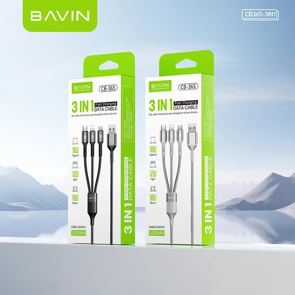 Câble 3-en-1 Charge Rapide 3A BAVIN CB365 avec Transfert de Données 480 Mbps – Type-C, Micro-USB & Lightning