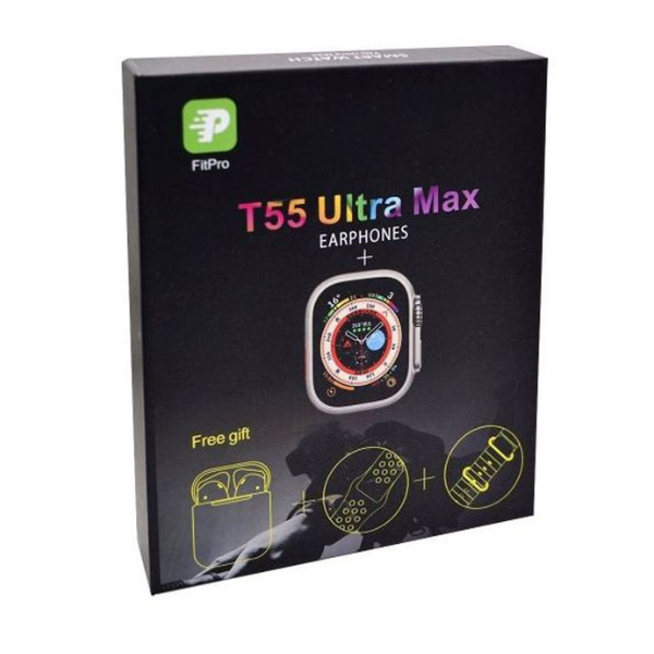 T55 Ultra Max Smart Watch avec Earpods – Écran 1,44", Appels Bluetooth, Suivi Santé 24/7, Design Élégant