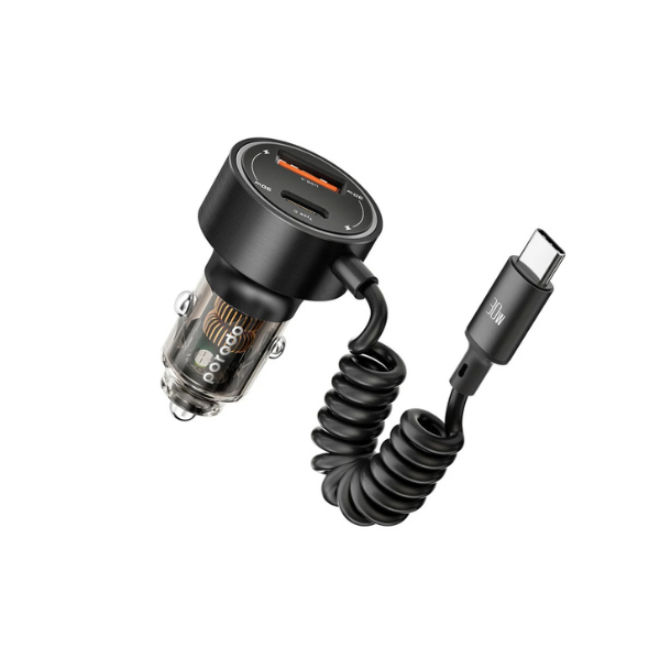 Chargeur Voiture Porodo 60 W – PD 30 W + QC 18 W, Double Port Transparent avec Câble Type‑C Intégré