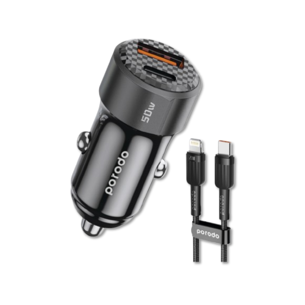 Chargeur Voiture 50 W – Double Port (PD 20 W + QC 30 W) + Câble Type-C vers Lightning