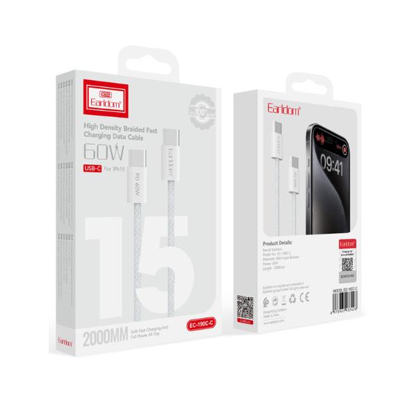 Earldom EC190C Câble USB-C vers USB-C 60W – Charge Rapide Power Delivery, Câble Tressé Ultra-Résistant 2 m (Blanc)