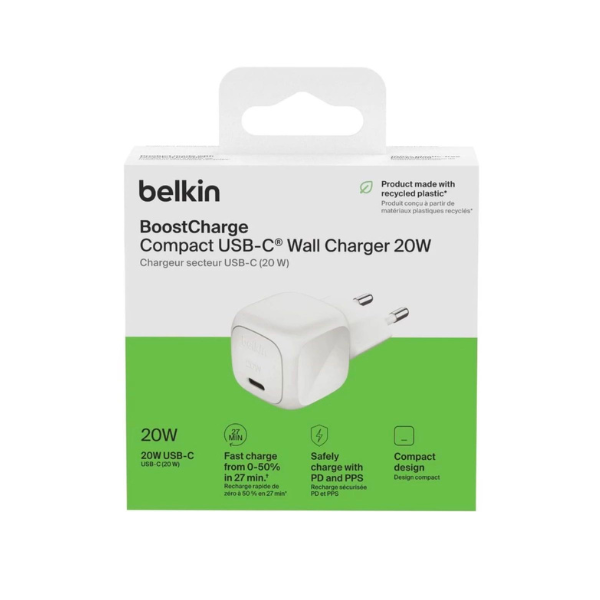 Adaptateur Chargeur Belkin USB-C 20W – Recharge Rapide Certifiée, Compact & Sécurisé