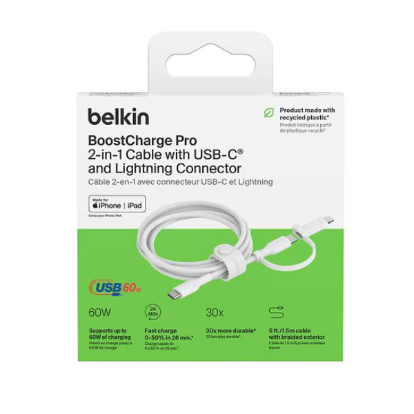 Câble 2-en-1 Belkin 1,5m USB-C to Lightning 60 W – BoostCharge Pro  Durable & Compatible Apple/USB-C