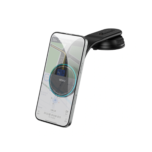 Chargeur Voiture Sans Fil Automatique WiWU CH-327 – Support Magnétique, Charge Rapide 15W, Rotation 360°, Fixation Ventouse