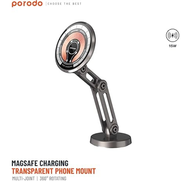 Chargeur Auto MagSafe Promate 15 W – Support Transparent avec Réglage Triaxial & Rotation 360°