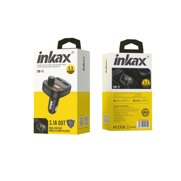 Inkax CM‑11 Chargeur de Voiture Rapide Double USB‑A 3,1 A – Lecteur MP3 et Émetteur FM Intégré (Noir)