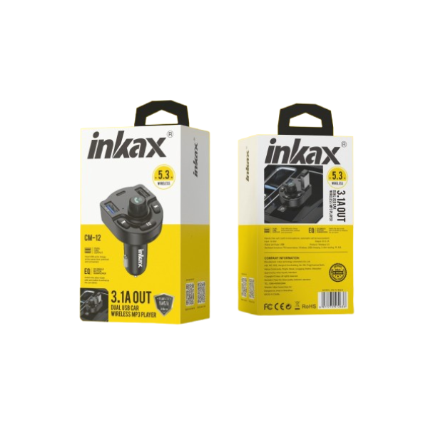 Inkax CM‑12 Chargeur de Voiture Rapide Double USB‑A 3,1 A – Lecteur MP3 & Émetteur FM Intégré (Noir)