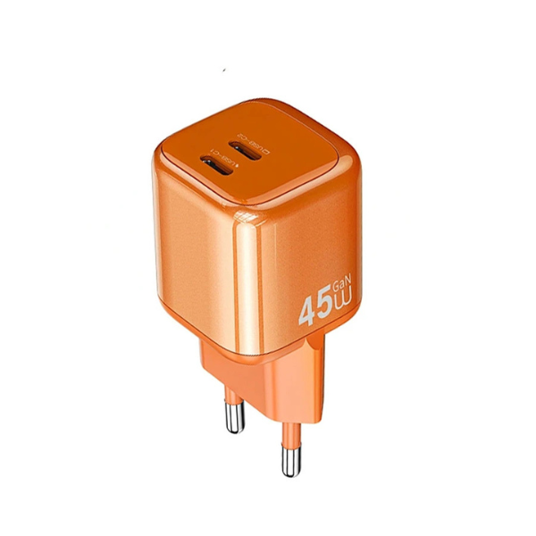 WiWU Cube 45W Chargeur Rapide 2 USB-C + Câble USB-C vers USB-C Wi-G025 (EU) – Technologie GaN, Compact & Puissant – Couleur Orange