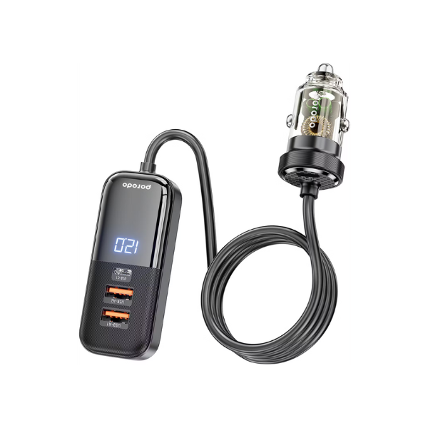 Chargeur Voiture Multi-Port Porodo 120W – 2× USB-C + USB-A, Aluminium & PC, Câble 1,5 m