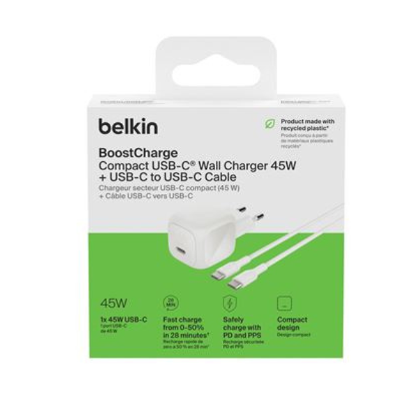 Chargeur Secteur Belkin BoostCharge USB-C 45W – Charge Rapide Power Delivery Sécurisée pour Smartphone et Tablette (Blanc)