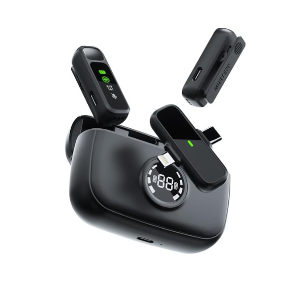 Micro-Cravate Sans Fil Bluetooth pour iPhone/iPad – Kit Double Micro Compact avec Boîtier de Charge, 3 Modes d’Enregistrement – Noir