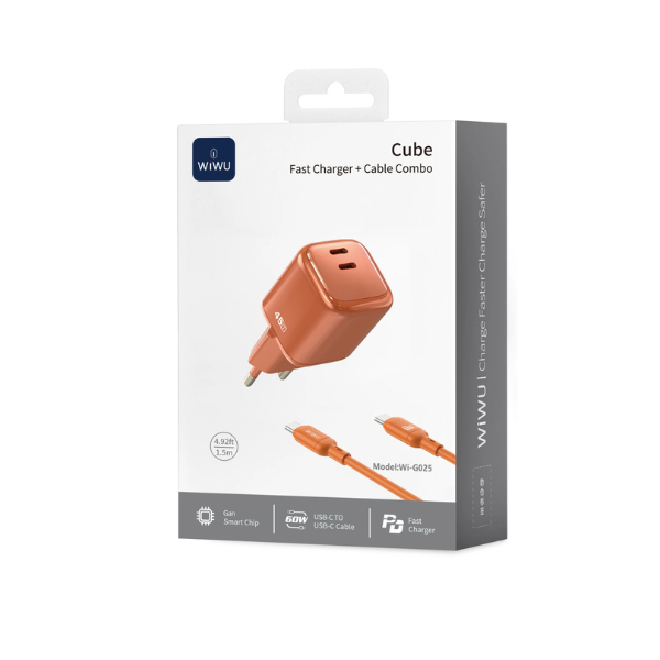WiWU Cube 45W Chargeur Rapide 2 USB-C + Câble USB-C vers USB-C Wi-G025 (EU) – Technologie GaN, Compact & Puissant – Couleur Orange