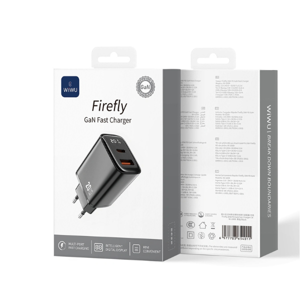 Chargeur WiWU Firefly Wi-G009 20W PD GaN – Charge Rapide USB-C + USB-A, Adaptateur Mural EU/UK/US Compact et Puissant