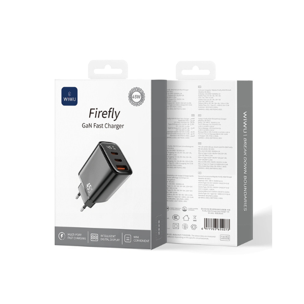 Chargeur WiWU Firefly Wi-G011 45W GaN – Charge Rapide PD, 2 USB-C + USB-A, Adaptateur Secteur Multi-Ports Compact