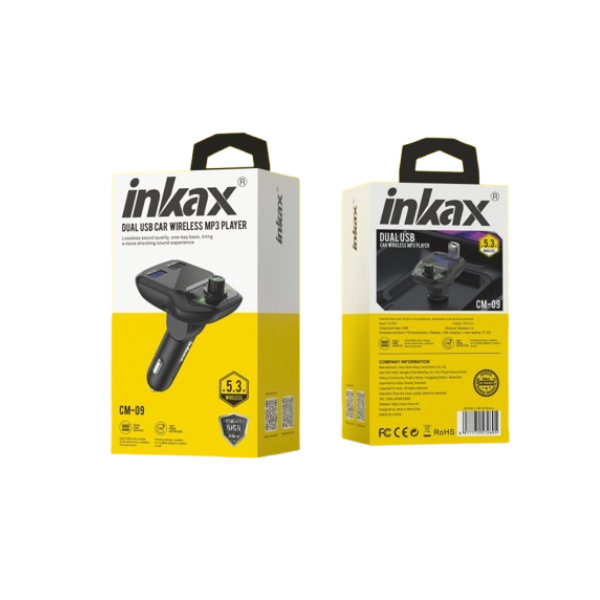 Inkax CM-09 Chargeur de Voiture Rapide Double USB-A 3,1 A avec Lecteur MP3 & Émetteur FM – Allume-Cigare Auto (Noir)