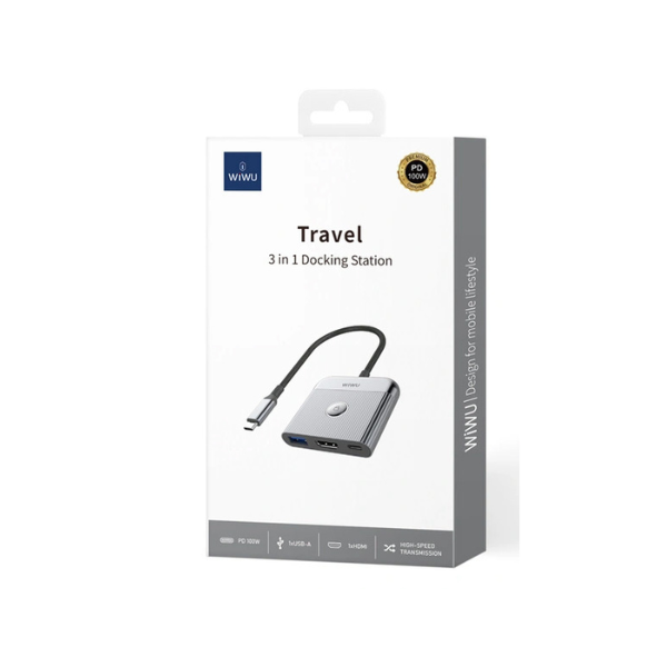 Adaptateur WiWU 3-en-1 USB-C vers HDMI + USB 3.0 + USB-C – Hub Multifonction Haute Performance, Charge Rapide PD & Transmission Ultra-Rapide