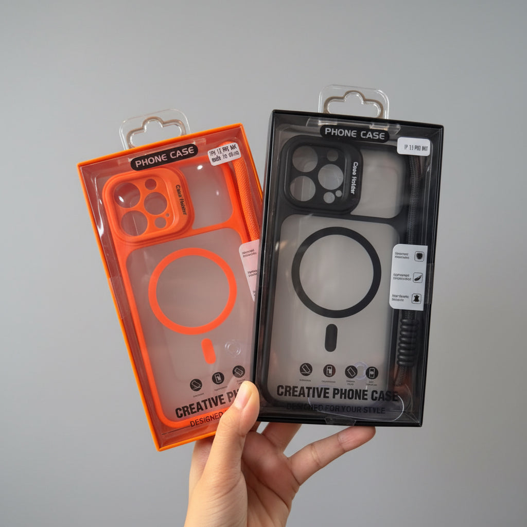 Coque MagSafe Transparente Mate à Cadre Coloré et Cordon – Protection Élégante pour iPhone