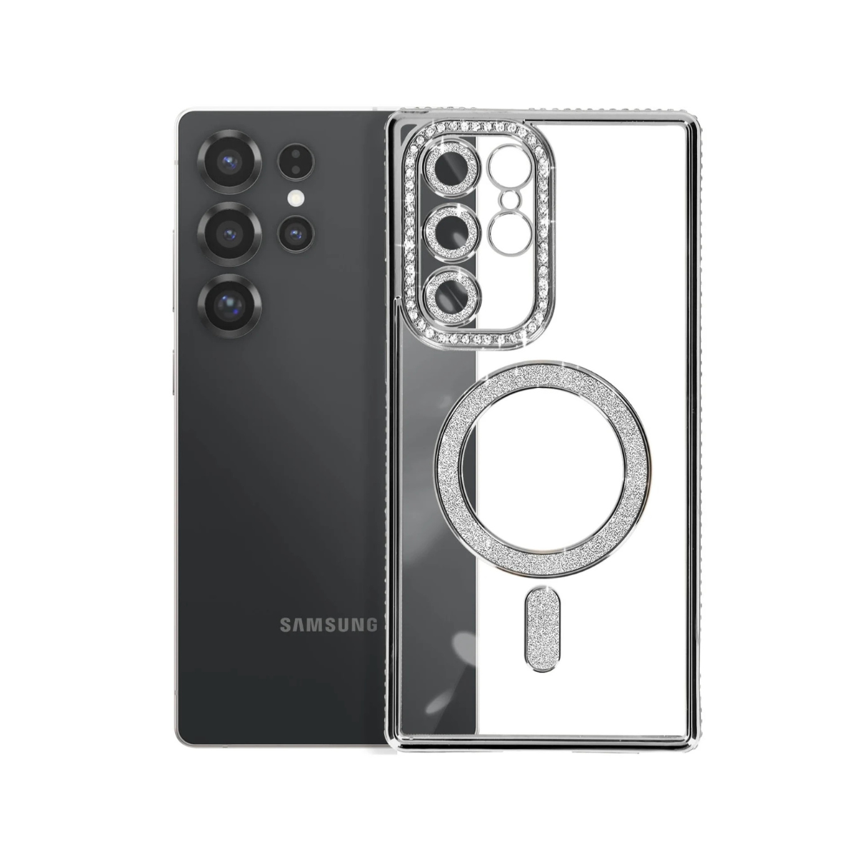Coque Transparente Strass Pour Samsung S22 Ultra – Bord Électroplaqué & Anneau Rotatif 360° – Protection Écran/Camera