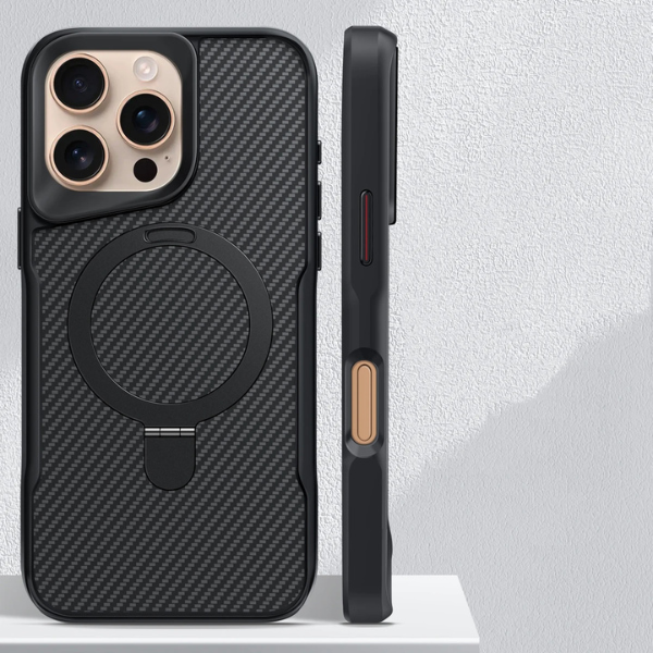 Coque Magnétique Armure en Fibre de Carbone avec Support Métallique – Compatible iPhone MagSafe