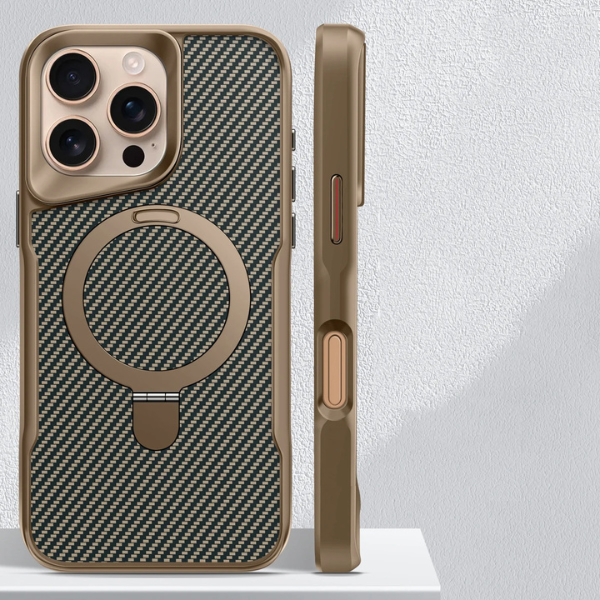 Coque Magnétique Armure en Fibre de Carbone avec Support Métallique – Compatible iPhone MagSafe